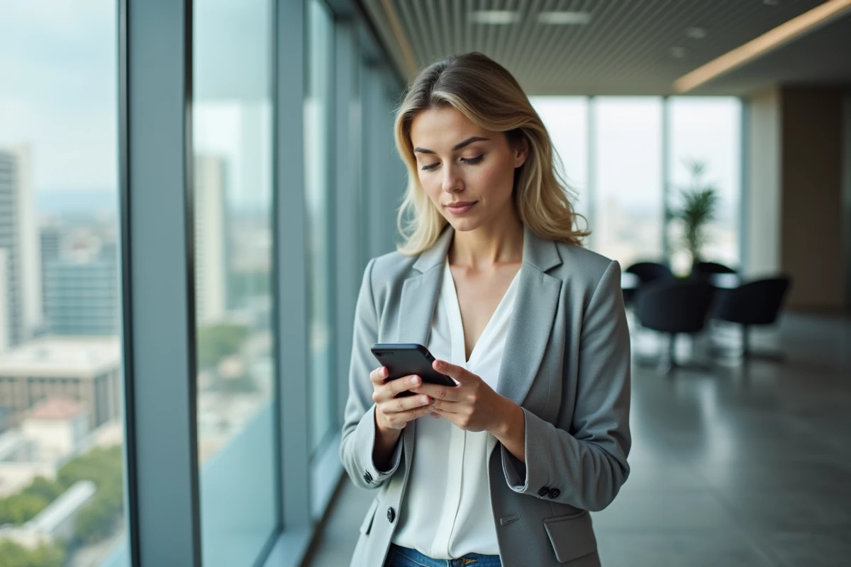 Femme professionnelle accédant à un portail de connexion sécurisé sur smartphone dans un espace de travail moderne