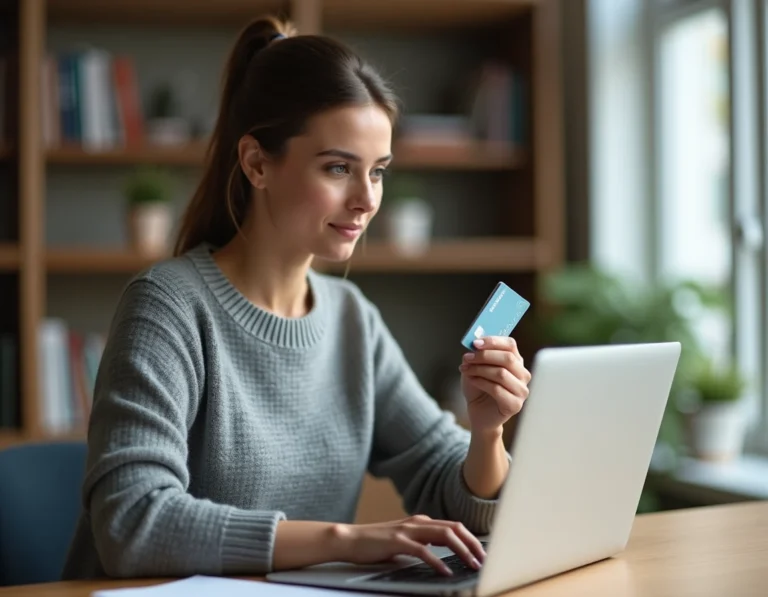 Femme utilisant sa carte bancaire pour un achat sécurisé en ligne sur ordinateur portable à domicile