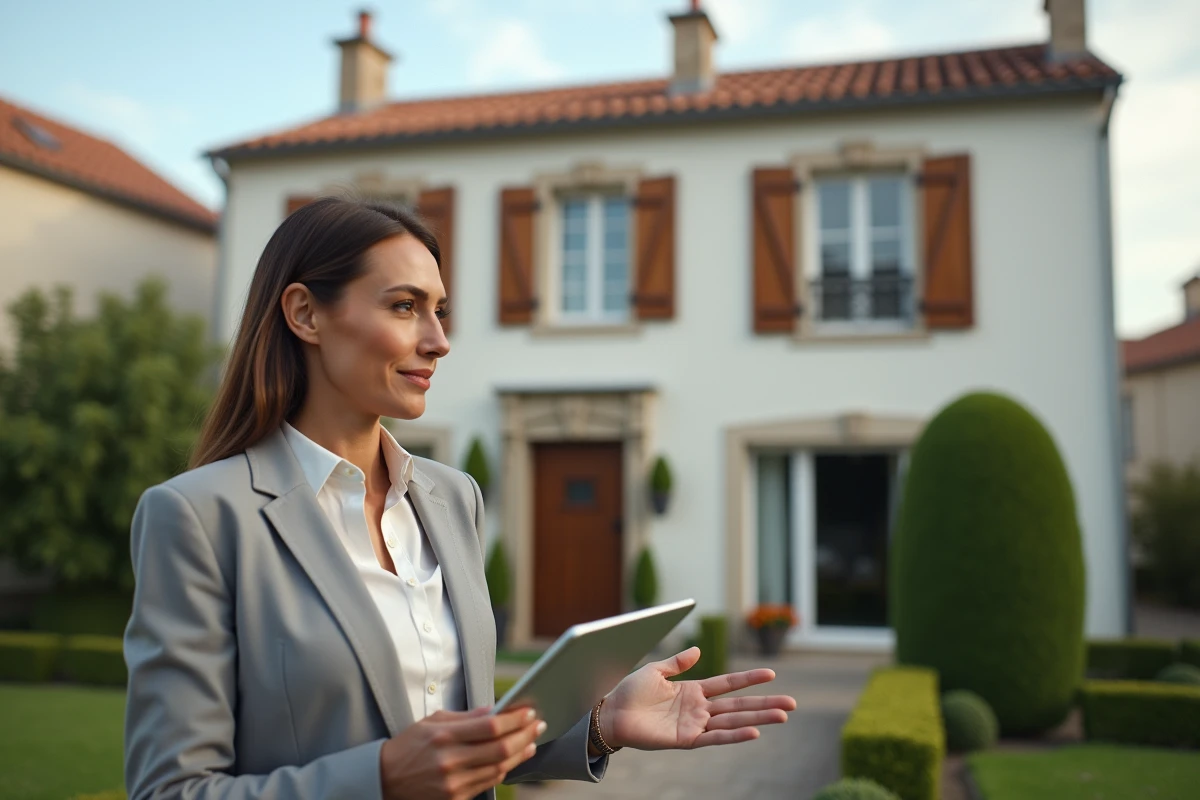 Agent immobilière présentant une maison rénovée à des acheteurs potentiels devant la façade d'une propriété résidentielle française