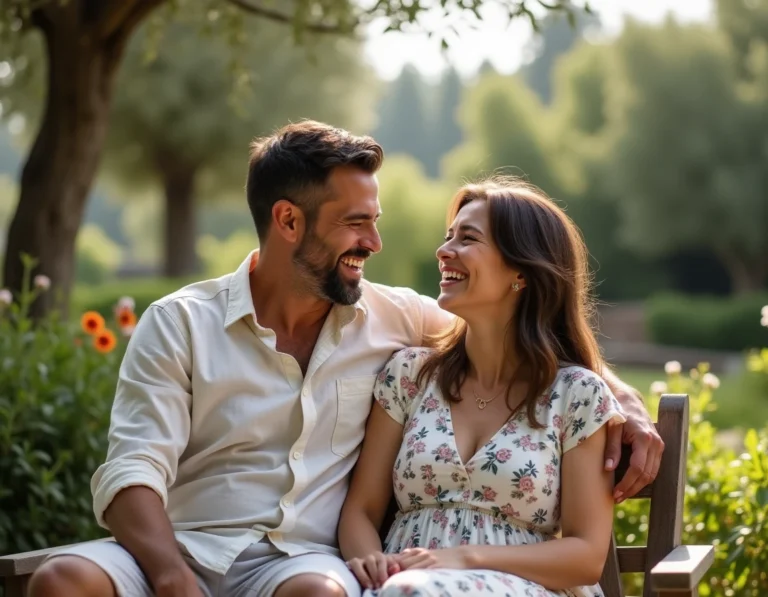 Couple partageant un moment intime et complice dans un jardin privé ensoleillé, évoquant l'amour et la vie privée