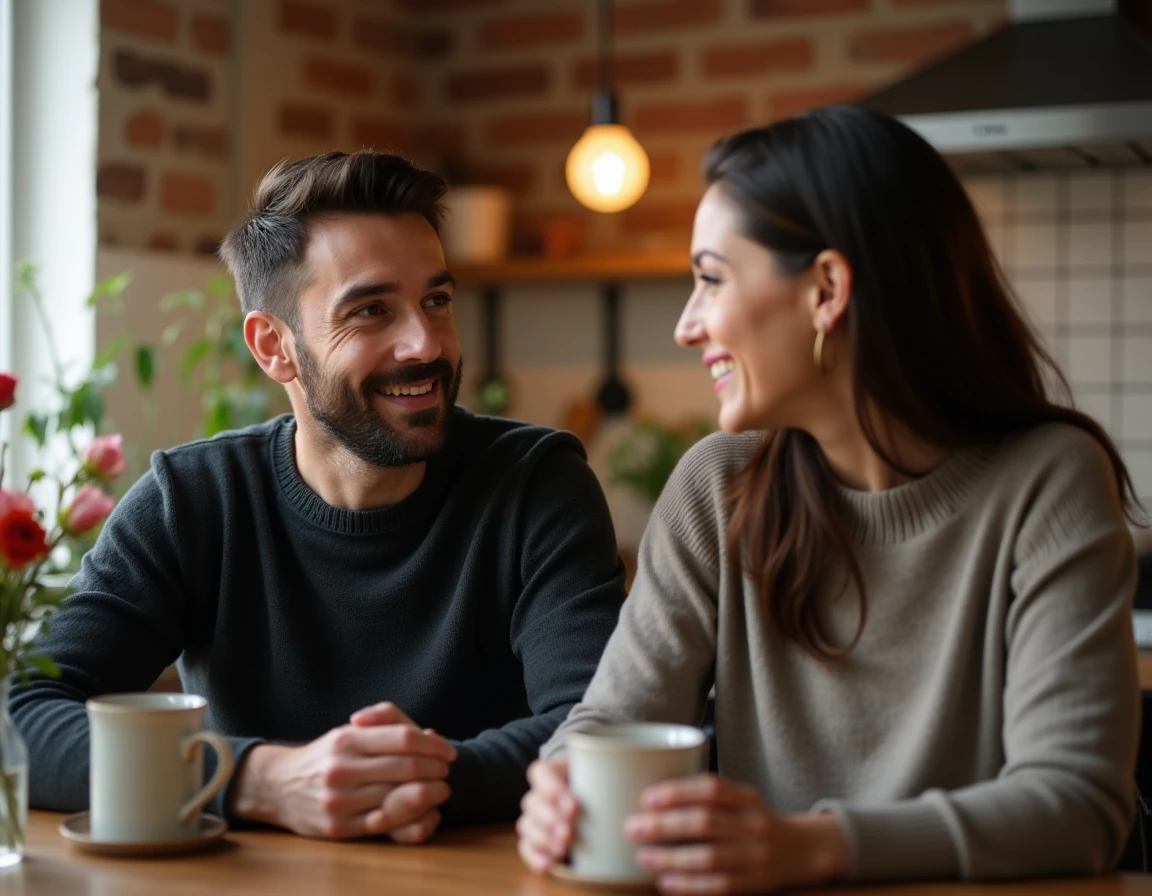 Couple amoureux partageant un café dans une cuisine chaleureuse et authentique, scène de vie quotidienne et de complicité