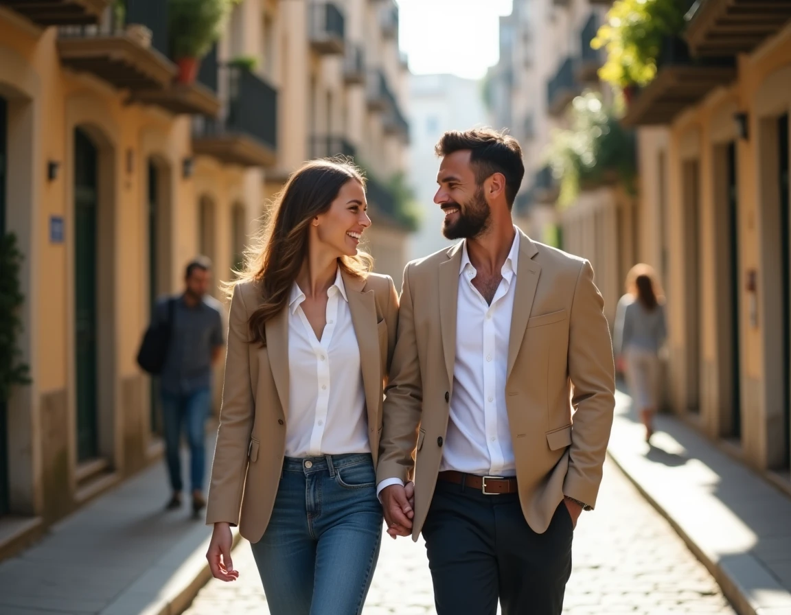 Couple se promenant main dans la main dans une rue méditerranéenne pittoresque, image de bonheur et de vie amoureuse partagée