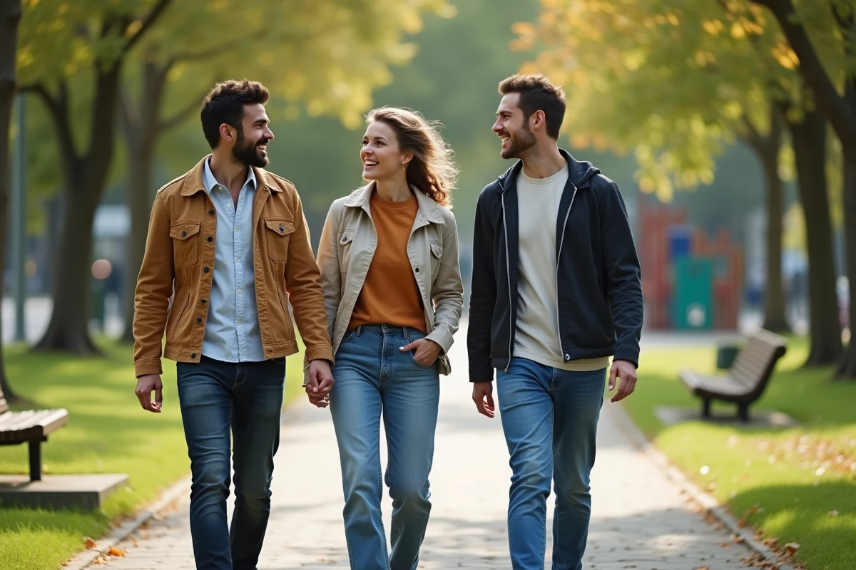 Groupe d amis discutant en marchant dans un parc urbain ensoleille