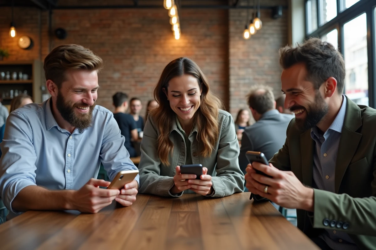 Trois amis dans un café partageant des recommandations d