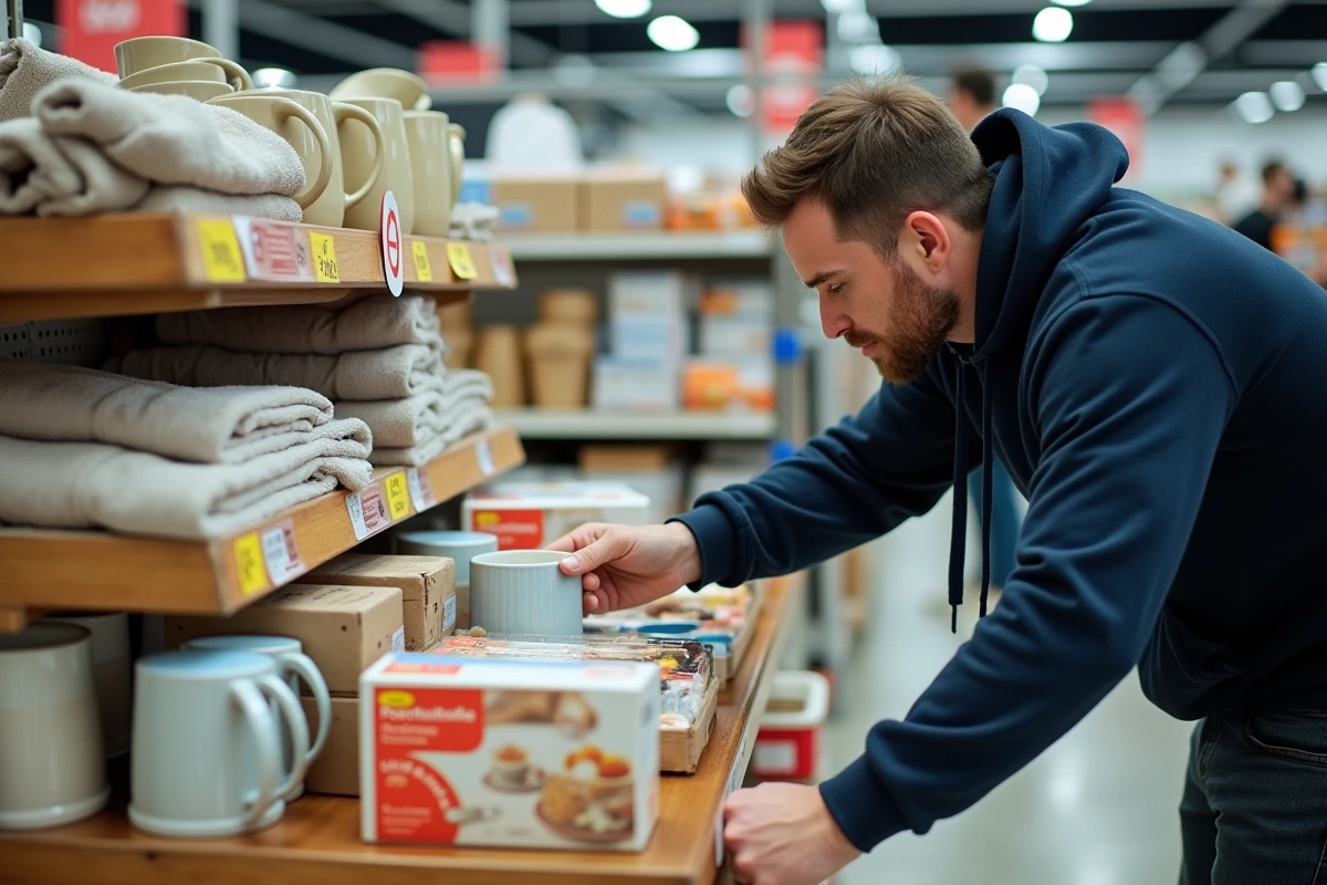 Client examinant des articles ménagers en promotion sur un présentoir dans un magasin discount à Tourcoing