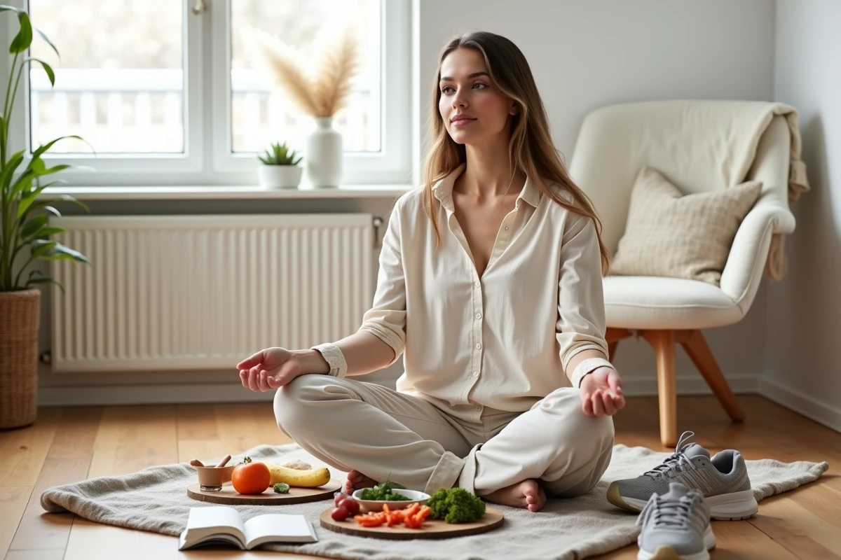 Femme détendue entourée d'accessoires de bien-être dans un intérieur scandinave chaleureux