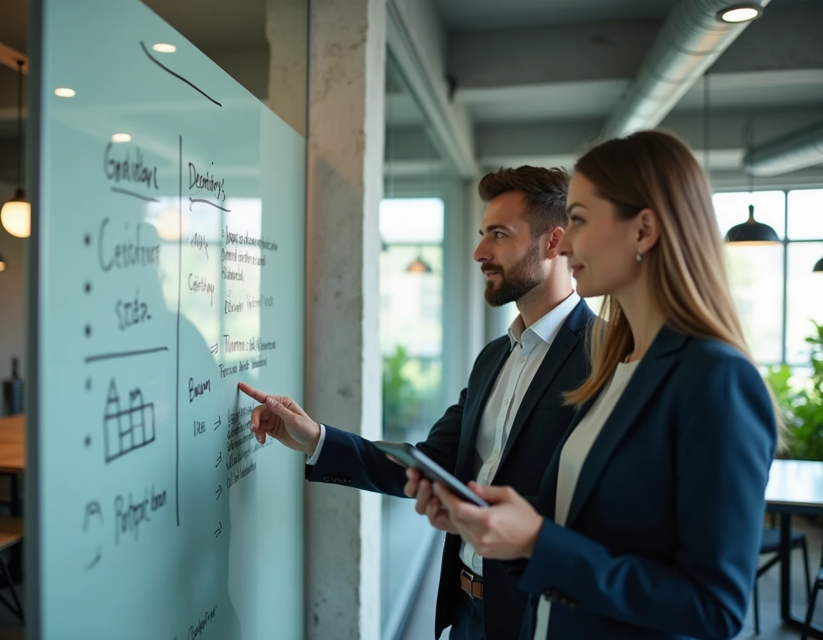 Deux professionnels planifiant les étapes et le calendrier du certificat LVMH 2026 sur un tableau blanc