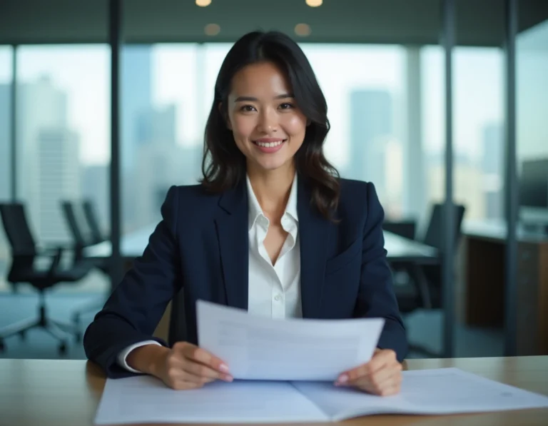 Femme professionnelle consultant des documents pour préparer son dossier de candidature au certificat LVMH 2026