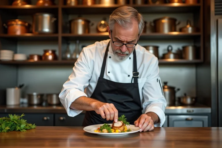 Chef en cuisine garnissant un poulet au vin jaune