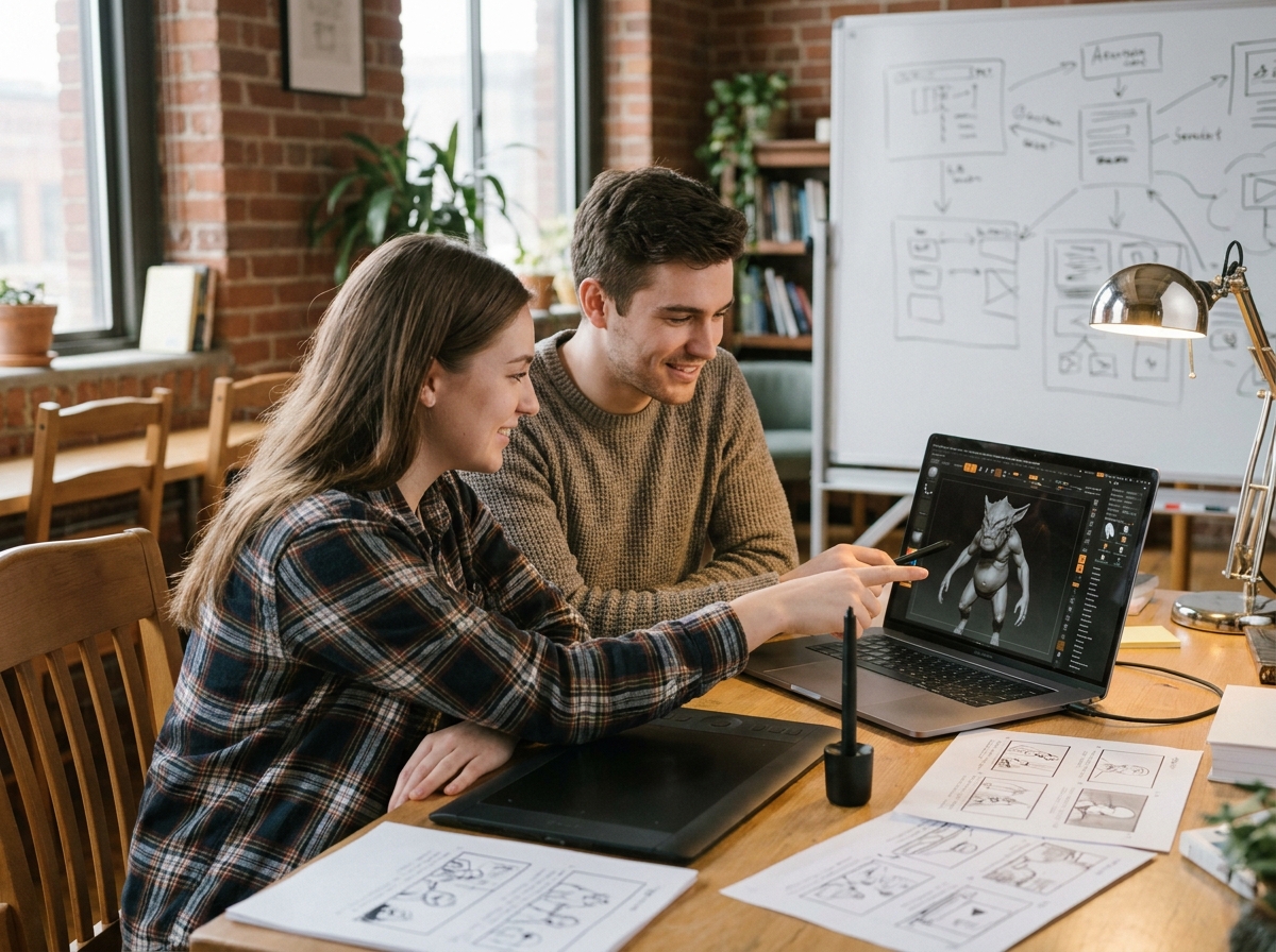 Deux étudiants en animation 3D collaborant sur un logiciel de sculpture numérique dans une salle de travail créative