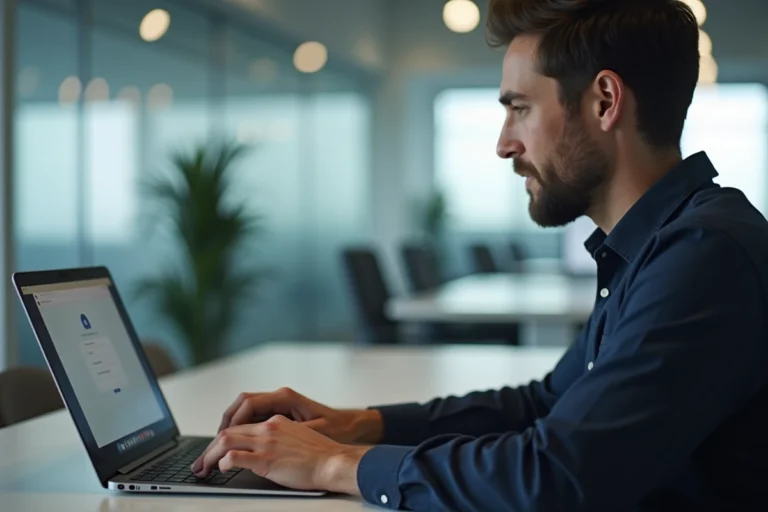 Employé professionnel se connectant à une application de gestion via son ordinateur portable dans un bureau moderne