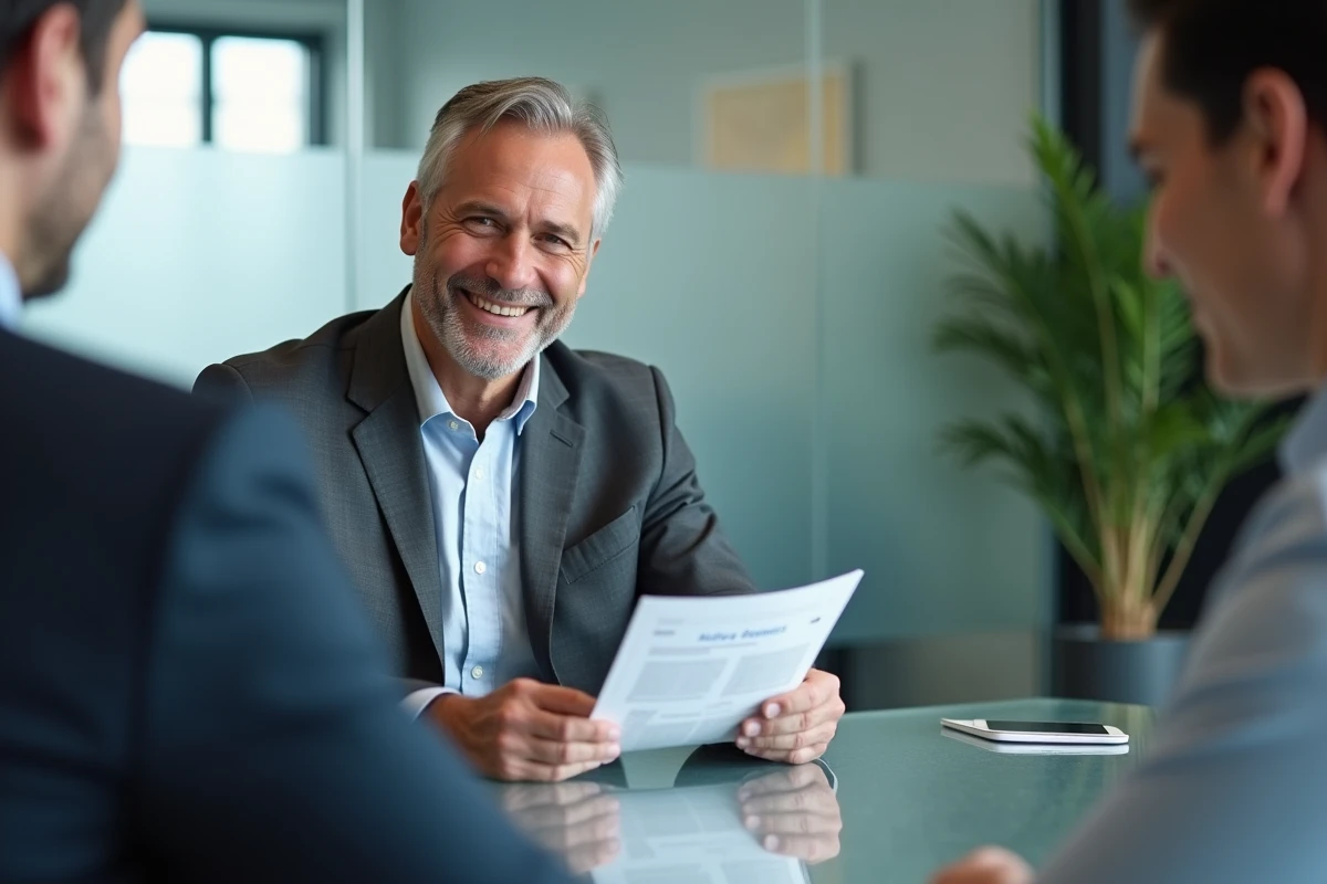 Conseiller en assurance présentant une brochure à un client dans un bureau professionnel, illustrant l'accompagnement pour choisir la meilleure protection d'avenir