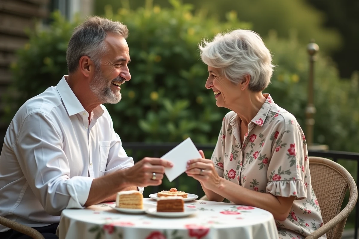 Couple fêtant un 50e anniversaire en terrasse, l'homme offrant une enveloppe cadeau à sa partenaire souriante