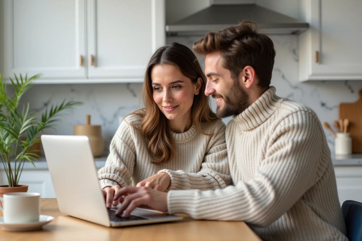 Couple dans la trentaine comparant des offres d'assurance sur un ordinateur portable dans une cuisine moderne, symbolisant la protection de l'avenir familial