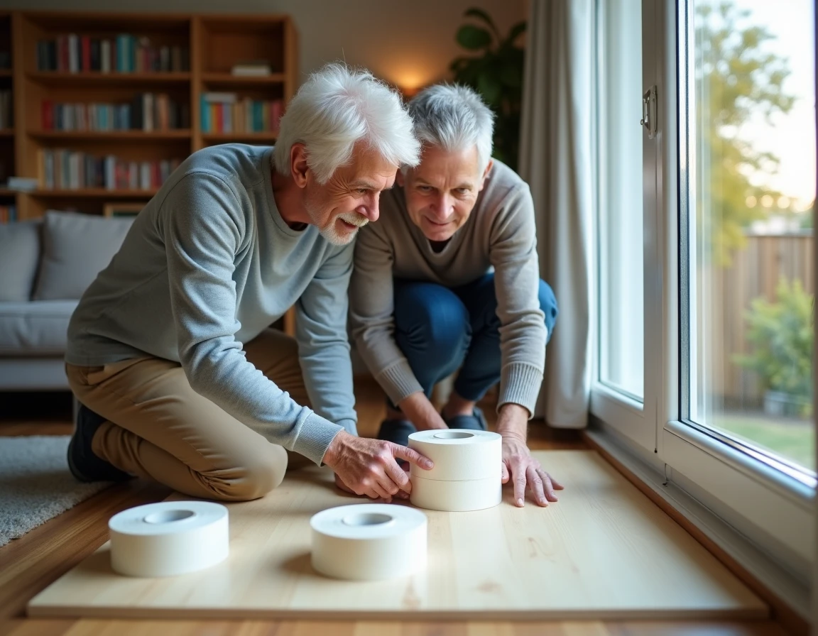 Couple inspectant les fenêtres pour identifier les déperditions thermiques et améliorer l'isolation du logement