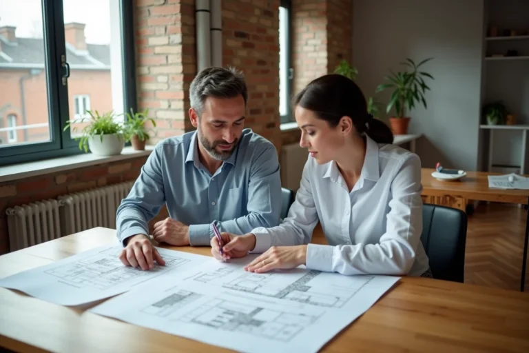 Couple de professionnels étudiant des plans immobiliers et documents de projet autour d'une table en bois dans un appartement moderne