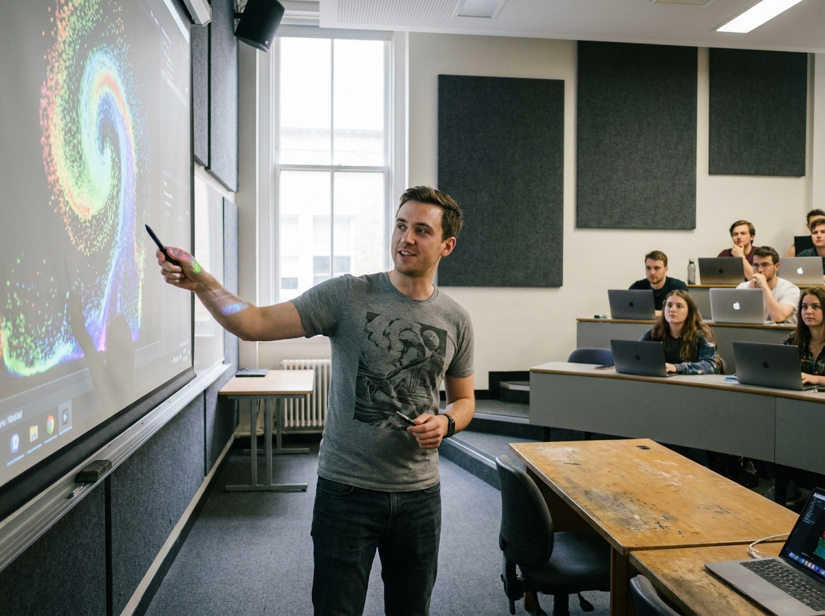 Étudiant en FX présentant une simulation de particules et effets visuels devant une classe dans un programme universitaire d'animation