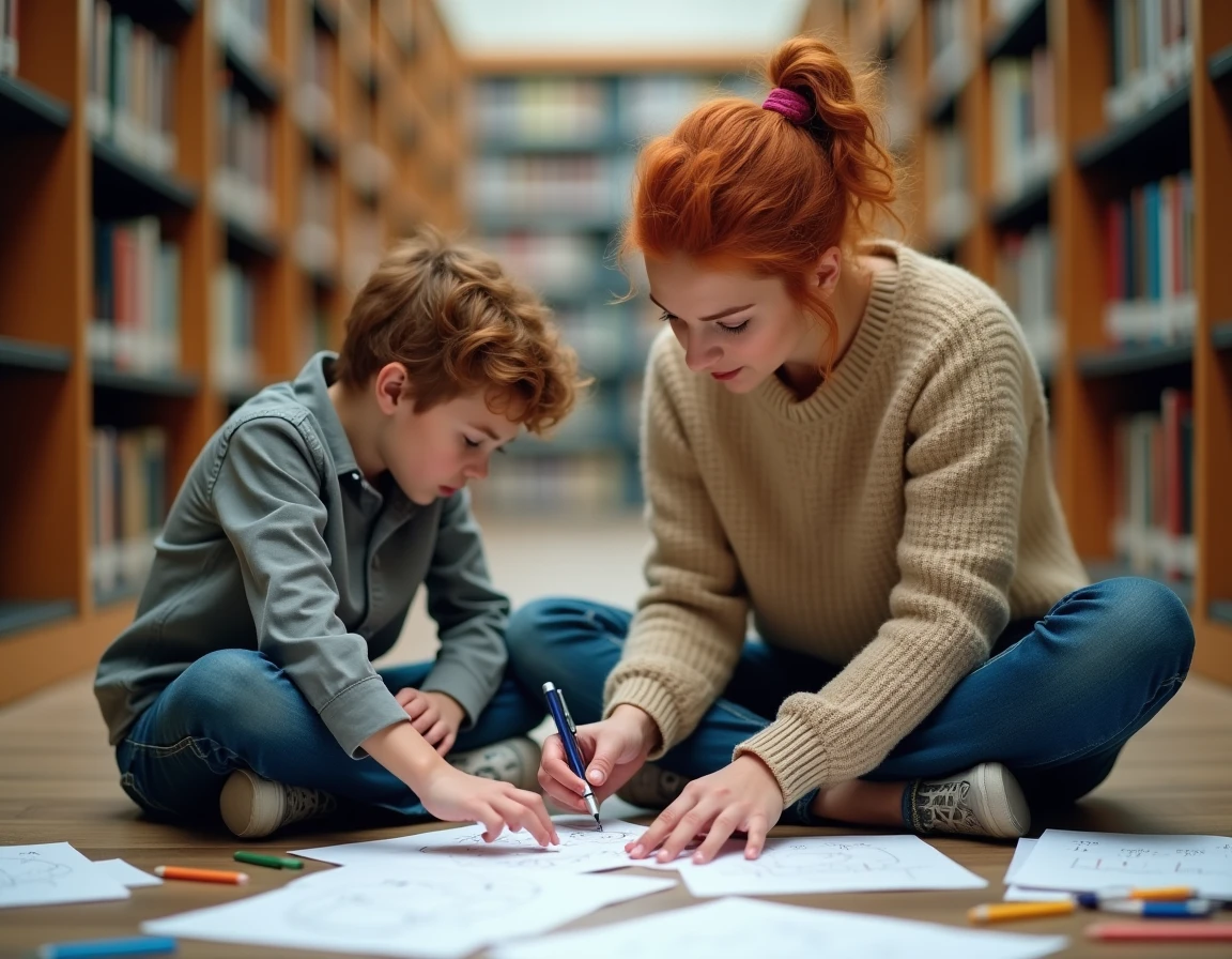 Jeune femme donnant des cours particuliers de mathématiques à un élève assis par terre dans une bibliothèque publique entourée de feuilles de travail