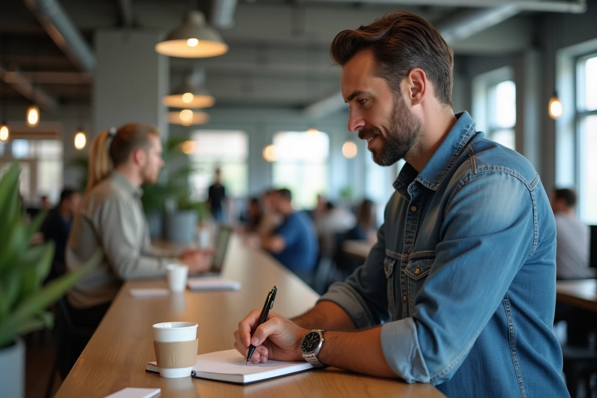 Entrepreneur masculin debout dans un espace de coworking, prenant des notes dans un carnet entouré d'outils de travail pour son activité en solo