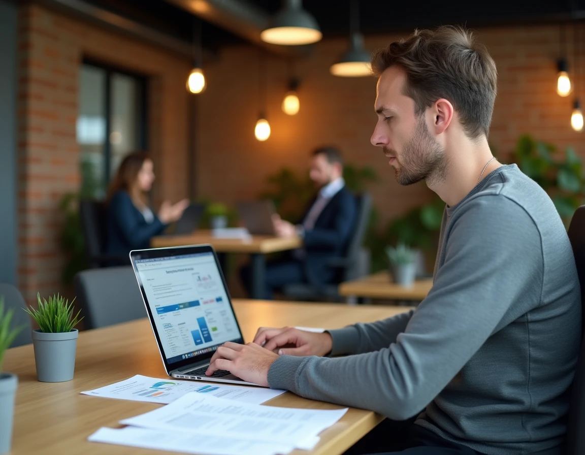 Entrepreneur masculin travaillant sur une stratégie de croissance business innovante dans un espace de coworking moderne