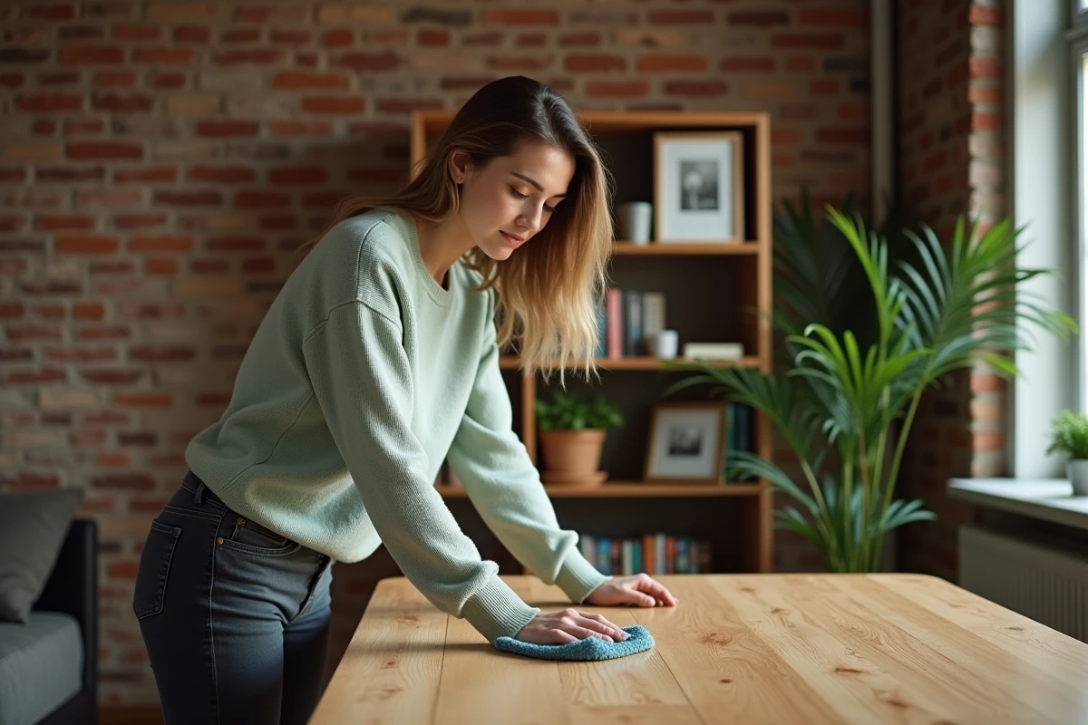 Jeune femme entretenant une table en bois dans un salon cosy avec briques apparentes et plantes décoratives