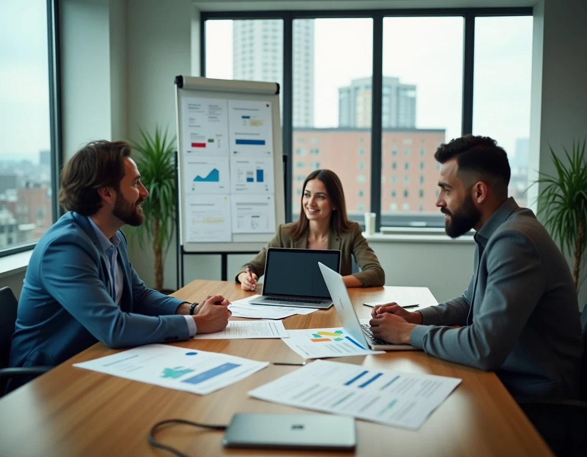 Équipe de professionnels collaborant autour d'une table de réunion pour développer des solutions business innovantes