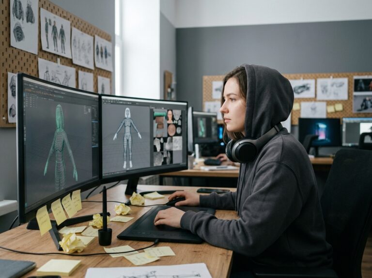 Étudiante en animation 3D travaillant sur un logiciel de rigging dans un studio professionnel avec deux écrans ultra-larges