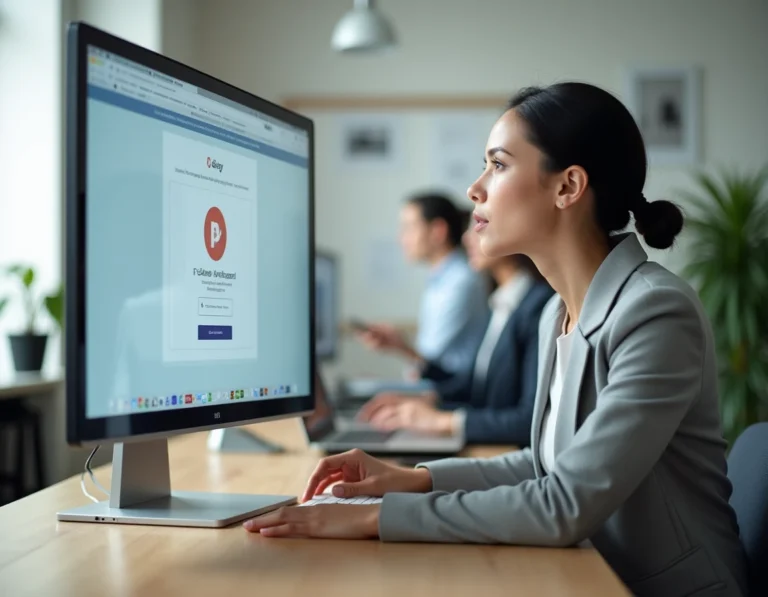 Femme professionnelle découvrant la nouvelle interface de la plateforme Voplav One rebaptisée sur un écran de bureau
