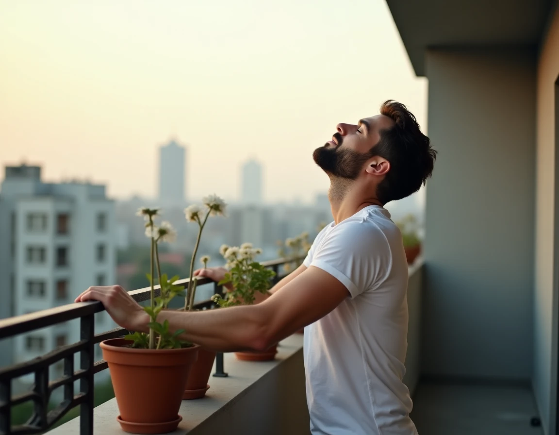 Homme en t-shirt sur un balcon le matin, peau exposée à la lumière naturelle dès le réveil pour réguler son rythme circadien