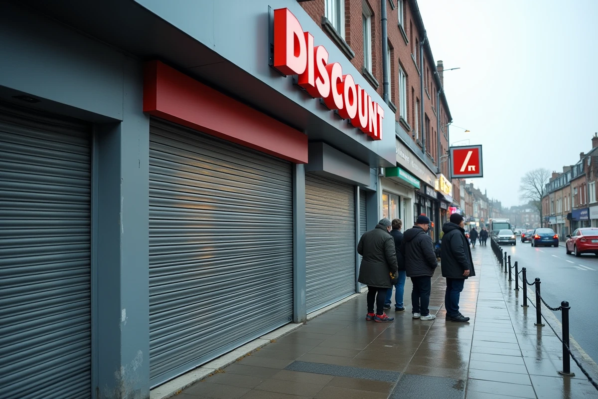 Devanture d'un magasin discount Stokea à Tourcoing avec des clients à l'entrée par temps couvert