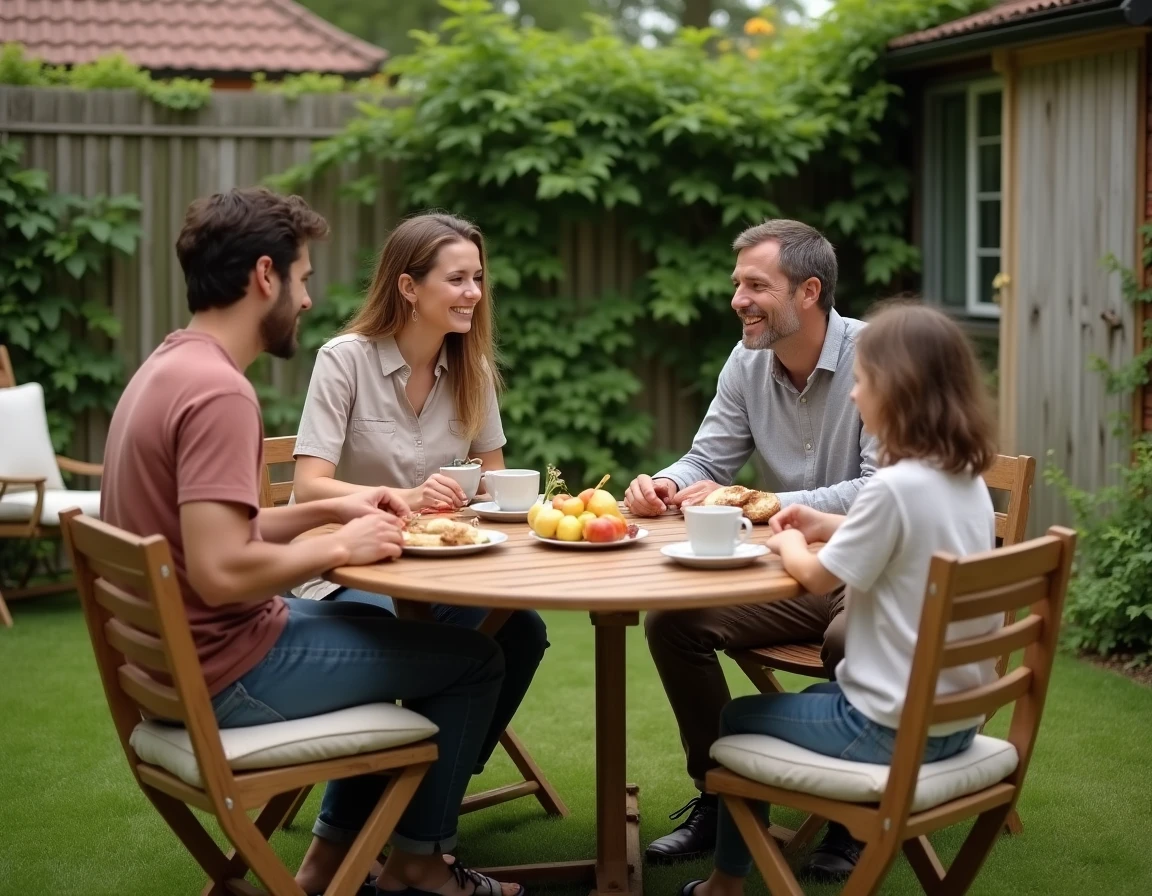 Famille réunie autour d'un petit-déjeuner en extérieur dans le jardin le week-end, image authentique d'une vie de famille épanouissante au quotidien
