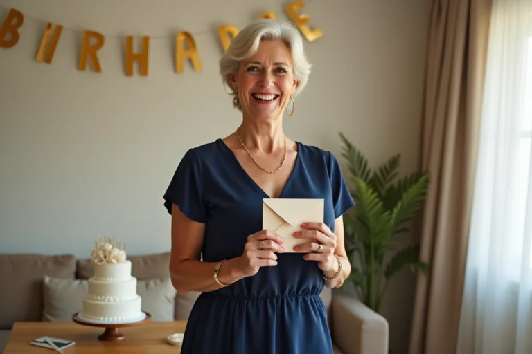 Femme de 50 ans souriante tenant une enveloppe cadeau et une carte d'anniversaire dans un salon décoré pour un 50e anniversaire