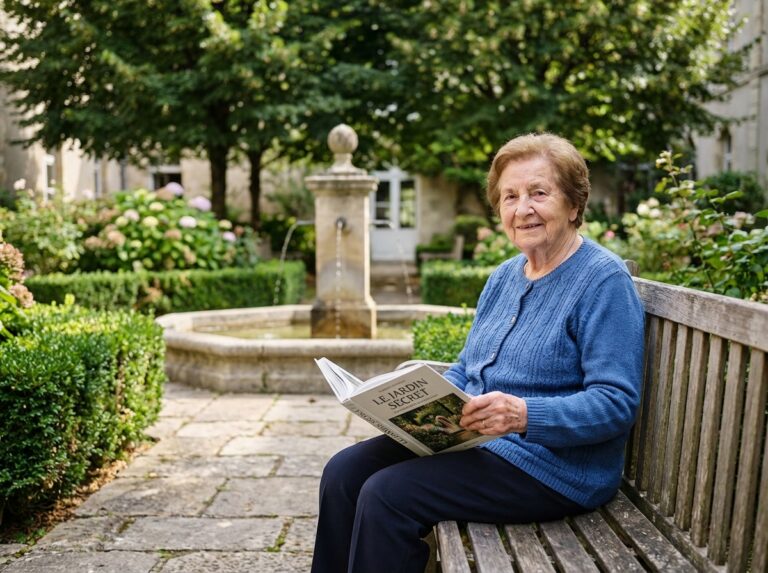 Femme agee lisant dans un jardin calme et verdoyant