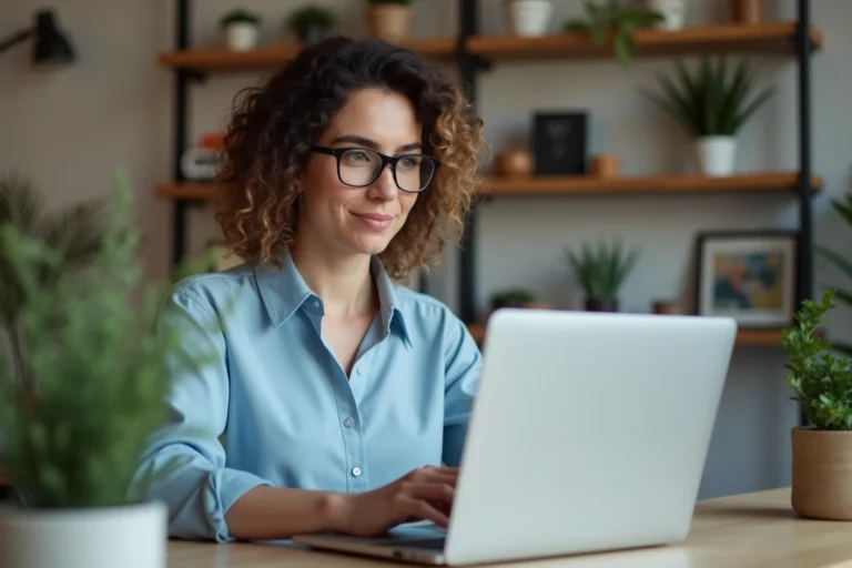 Femme au bureau à la maison utilisant un ordinateur portable