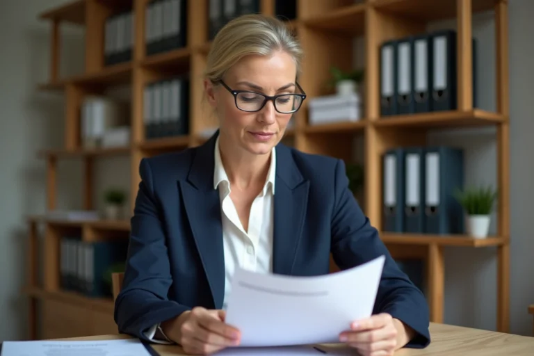 Femme d'une quarantaine d'années examinant des documents d'assurance dans un bureau moderne, illustrant le choix de solutions d'assurance adaptées
