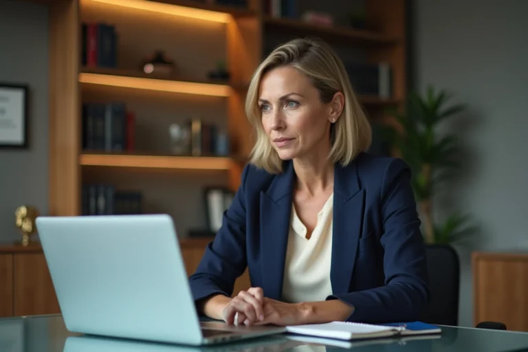 Femme confiante en bureau moderne avec ordinateur