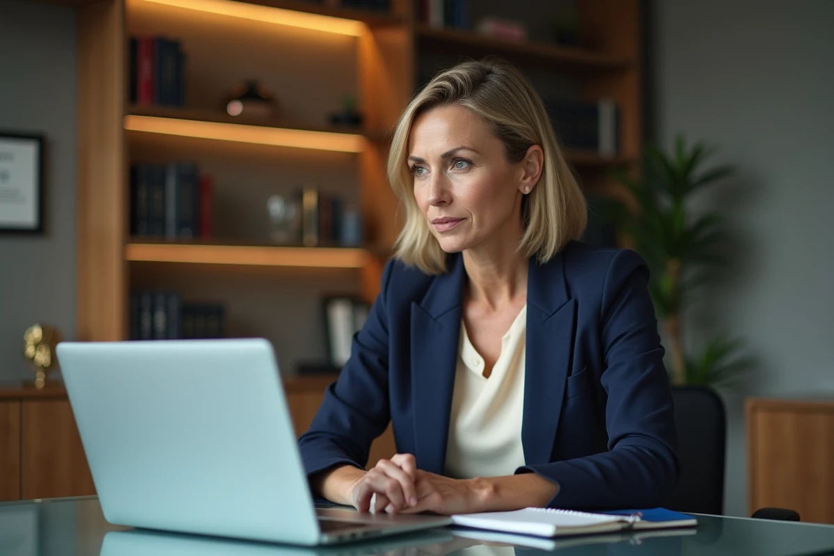 Femme confiante en bureau moderne avec ordinateur