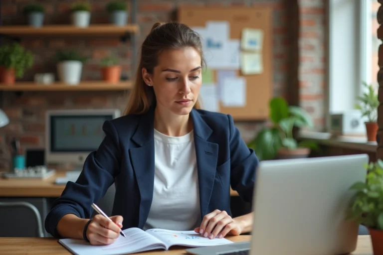 Femme entrepreneur concentrée dans son bureau à domicile, consultant un agenda et un ordinateur portable pour planifier son activité indépendante