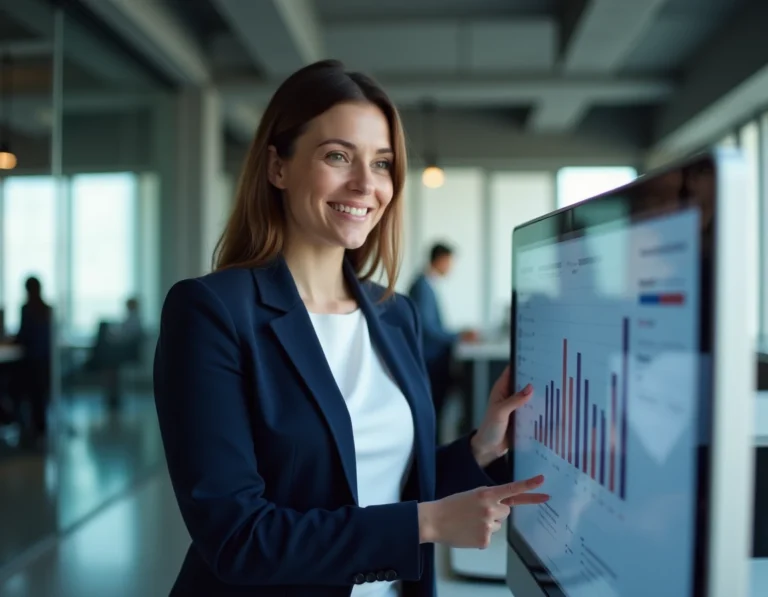 Femme cheffe d'entreprise analysant des données digitales sur écran tactile dans un bureau moderne pour booster son activité