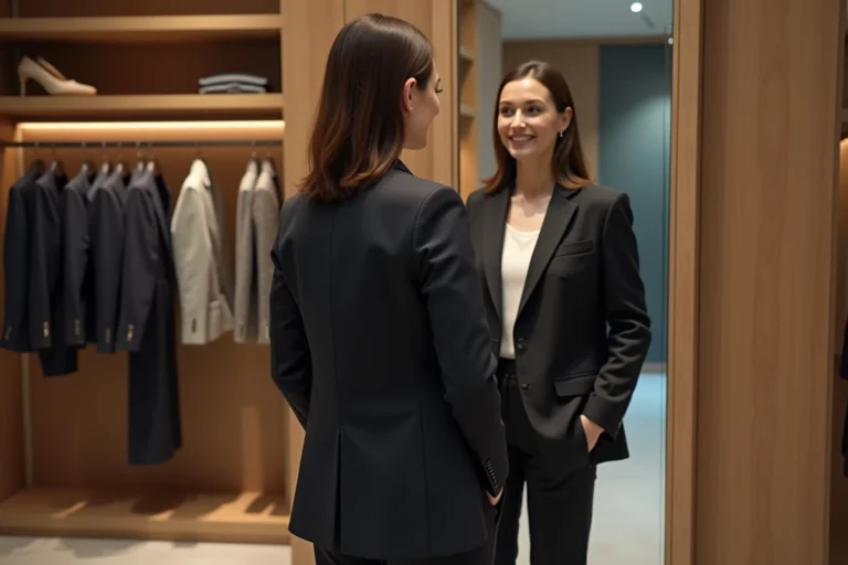 Femme essayant un blazer dans une cabine moderne