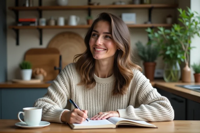 Femme souriante écrivant dans un journal de gratitude dans une cuisine chaleureuse