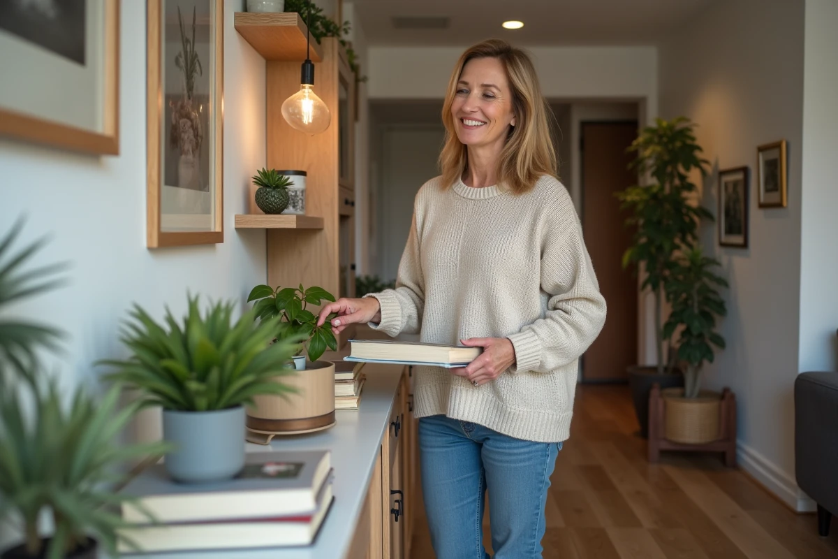 Femme souriante arrangeant des livres dans un salon moderne