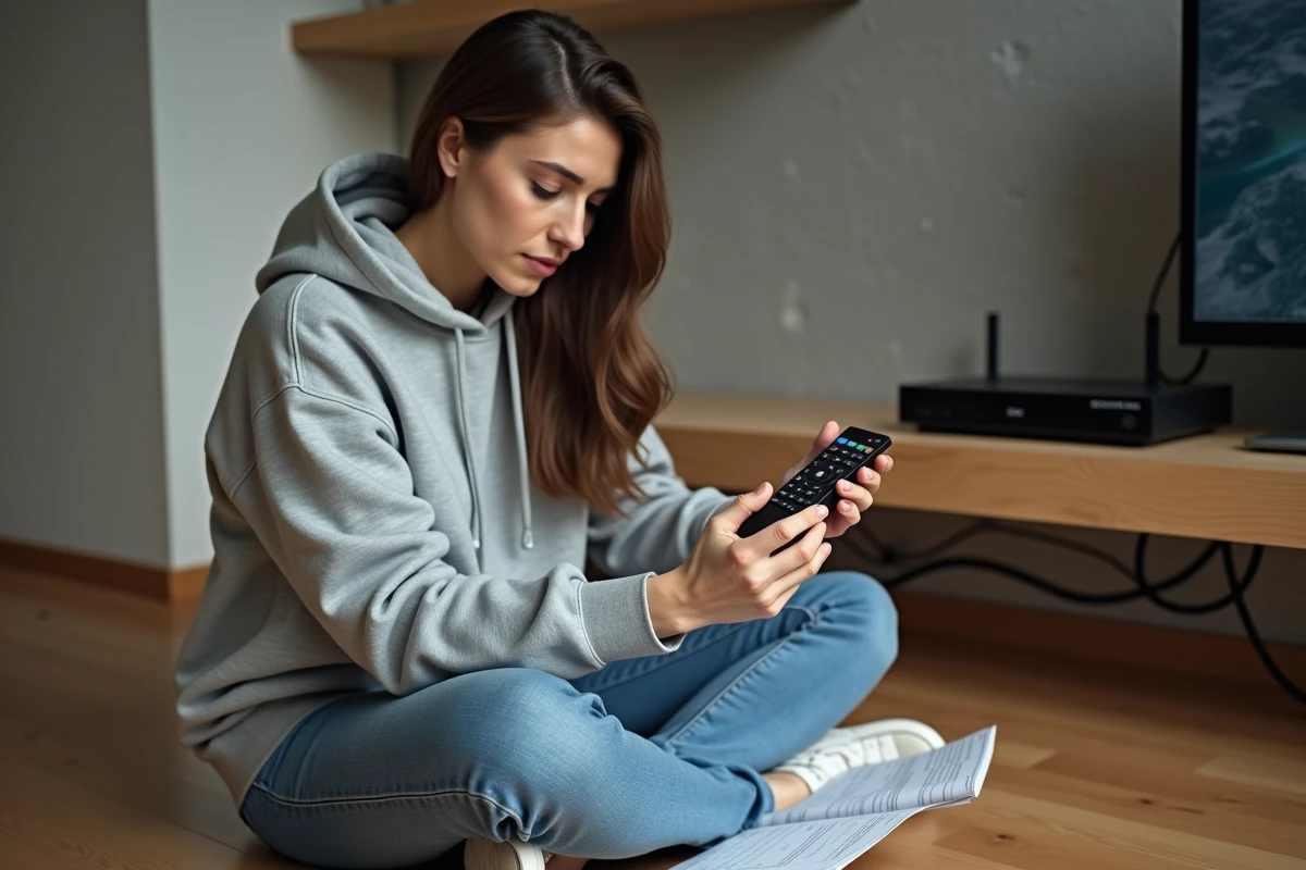 Femme consultant un manuel d'instructions pour réinitialiser un décodeur satellite Fransat à domicile