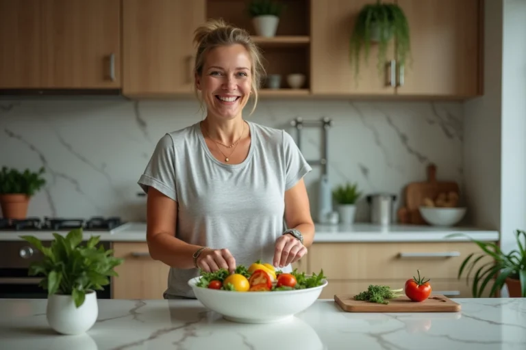 Femme préparant une salade colorée dans une cuisine moderne
