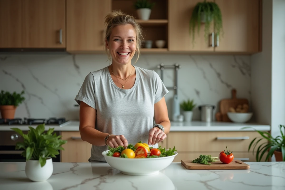 Femme préparant une salade colorée dans une cuisine moderne