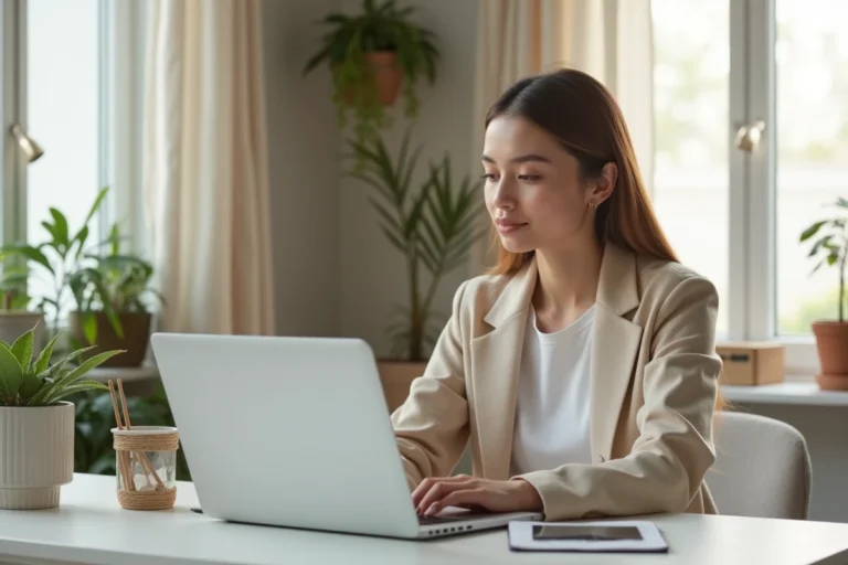 Jeune femme parcourant les tendances mode sur un ordinateur portable lors d'une session de shopping en ligne depuis son bureau minimaliste