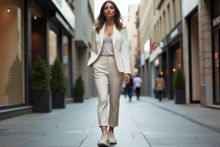 Femme élégante en blazer blanc dans la ville