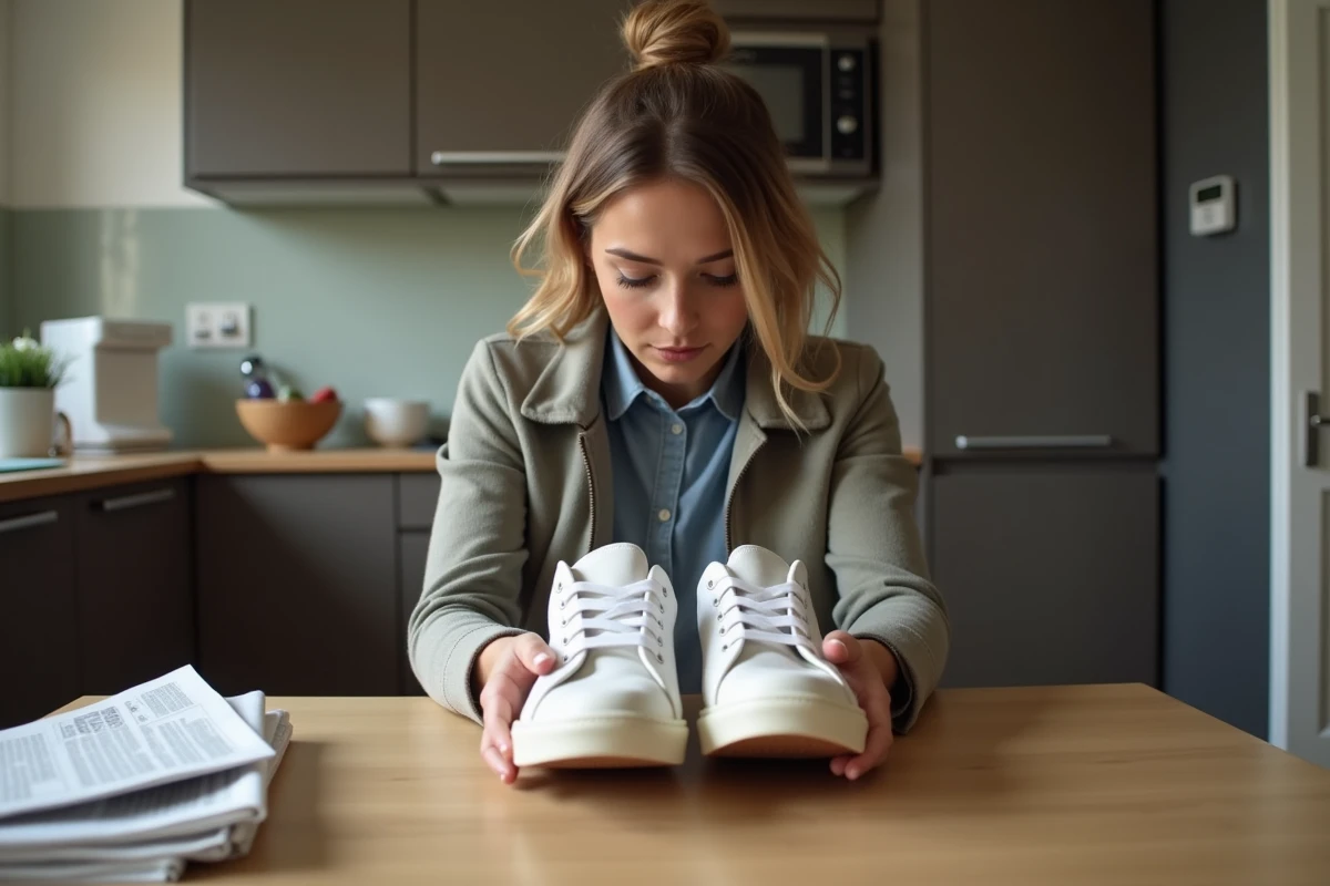 Femme vérifie ses sneakers dans sa cuisine moderne