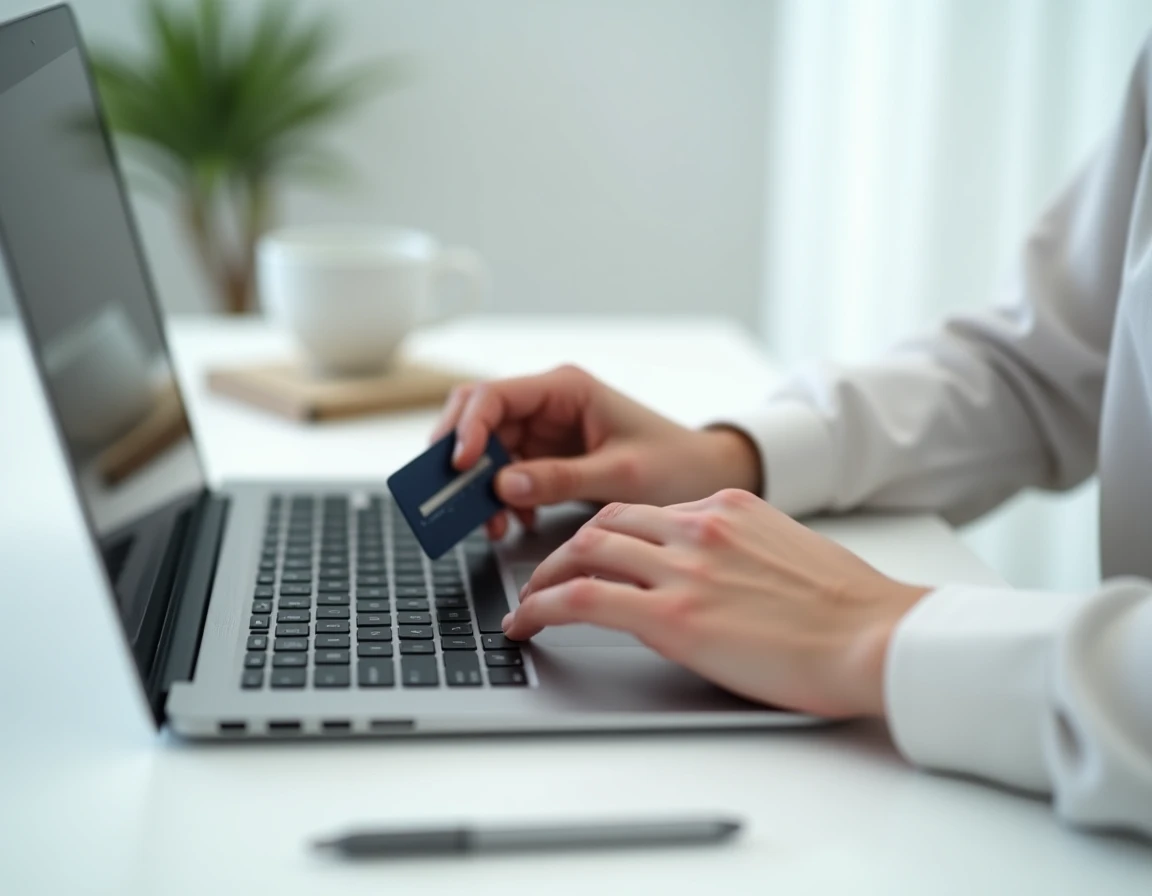 Gros plan sur des mains tenant une carte bancaire devant un ordinateur pour un paiement en ligne sécurisé