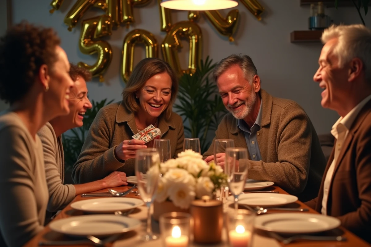 Groupe d'amis adultes réunis autour d'une table festive pour offrir un cadeau en argent lors d'un 50e anniversaire